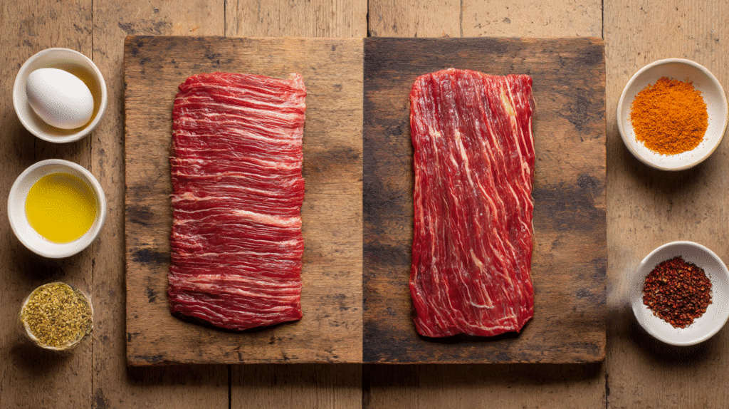 Flank steak vs skirt steak nutrition comparison using olive oil, egg, and chili to represent fat, protein, and calories