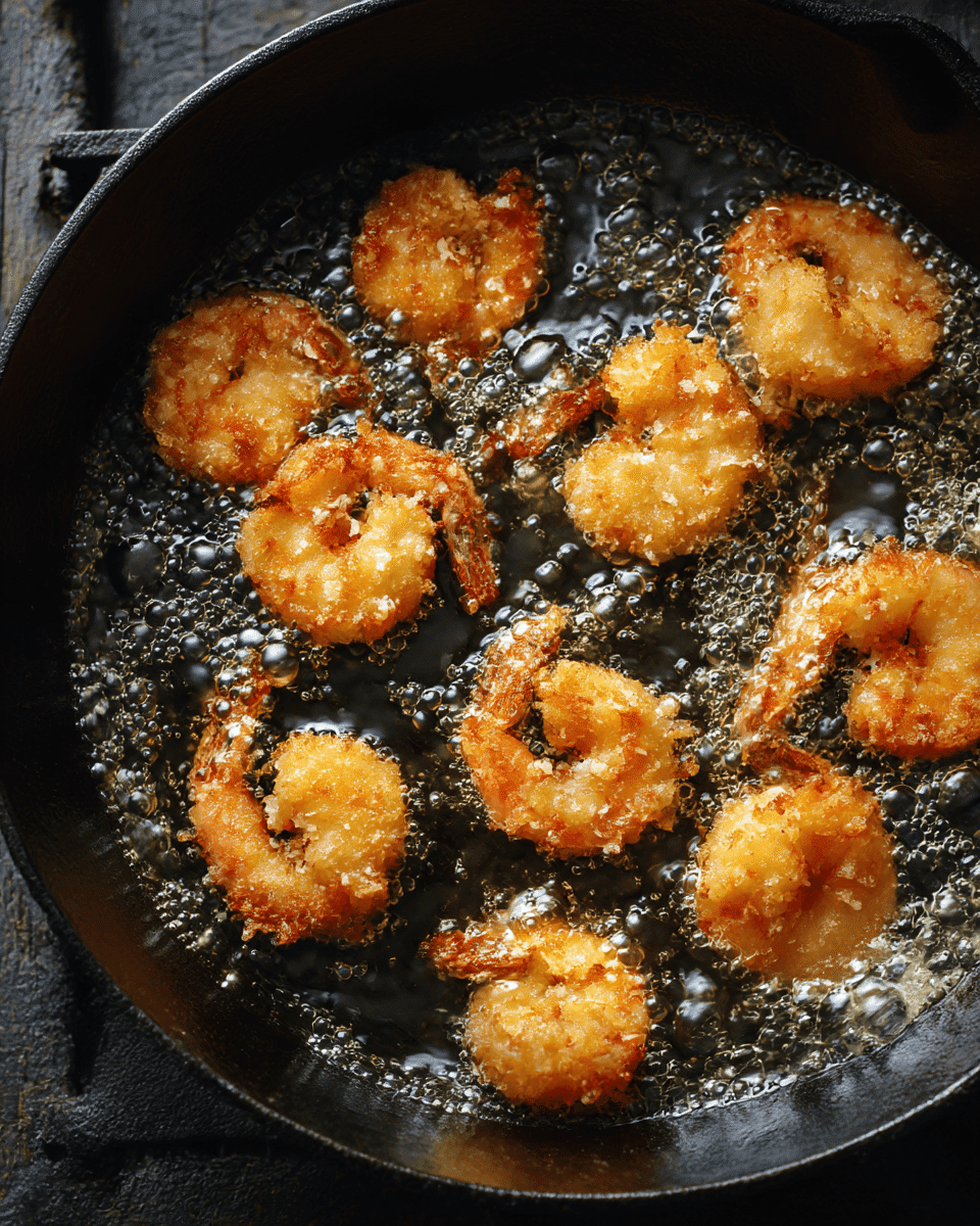frying battered shrimp in pan for honey walnut shrimp