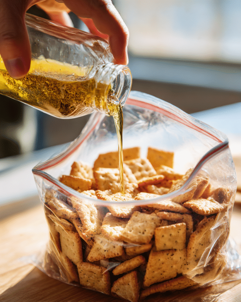 Mixing oil and spices for Firecracker Saltine Crackers