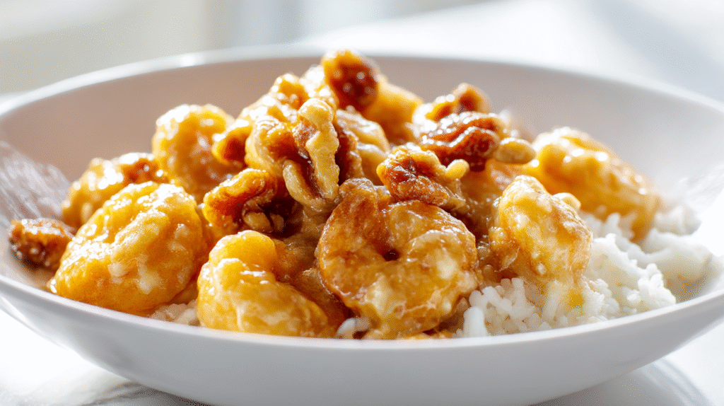 panda express honey walnut shrimp in a white bowl