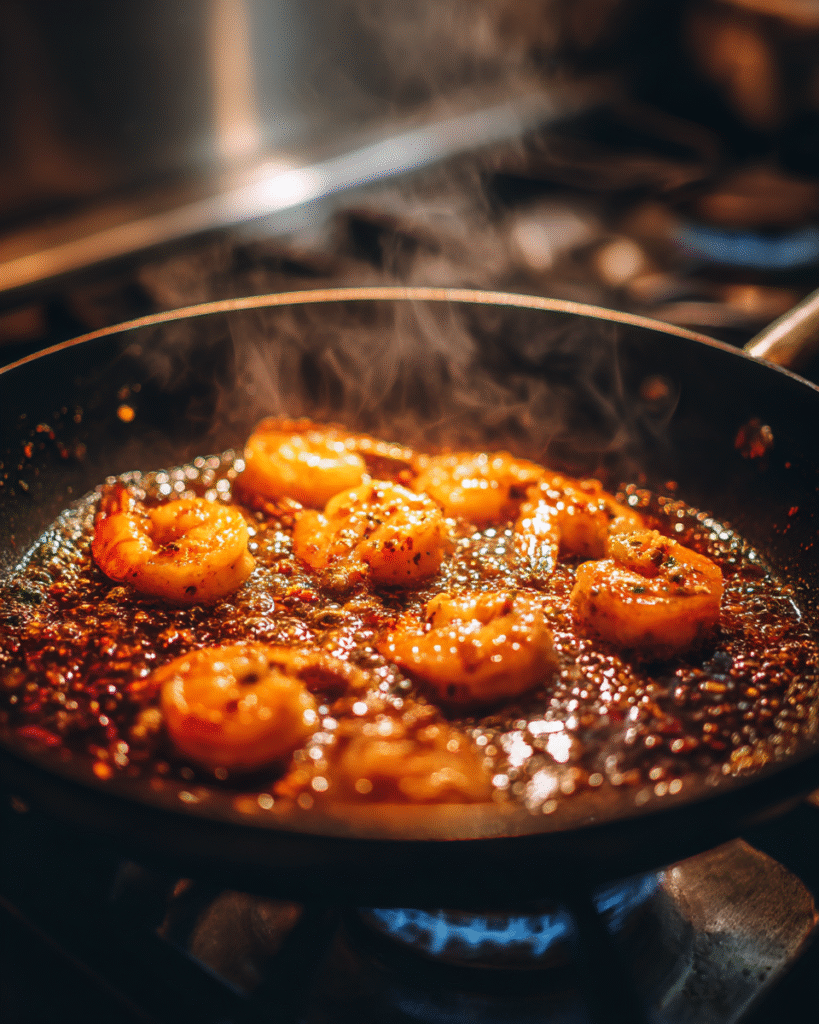 Shrimp cooking in firecracker sauce