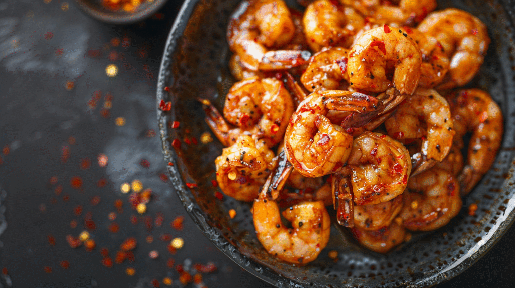 Quick Firecracker Shrimp on rustic plate with chili and garlic
