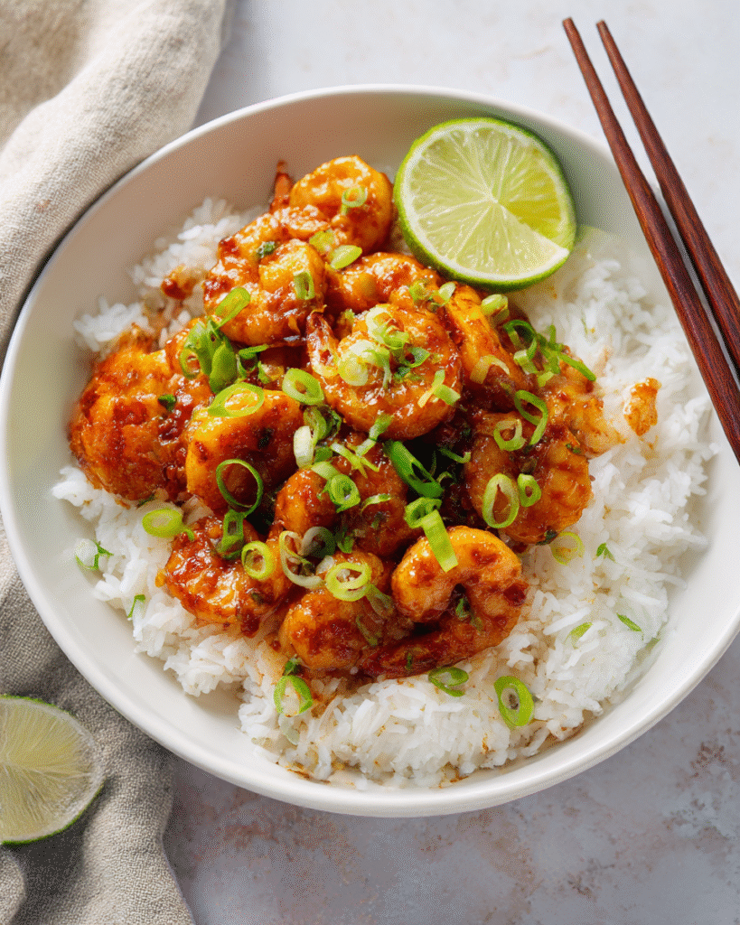 Quick Firecracker Shrimp served over rice