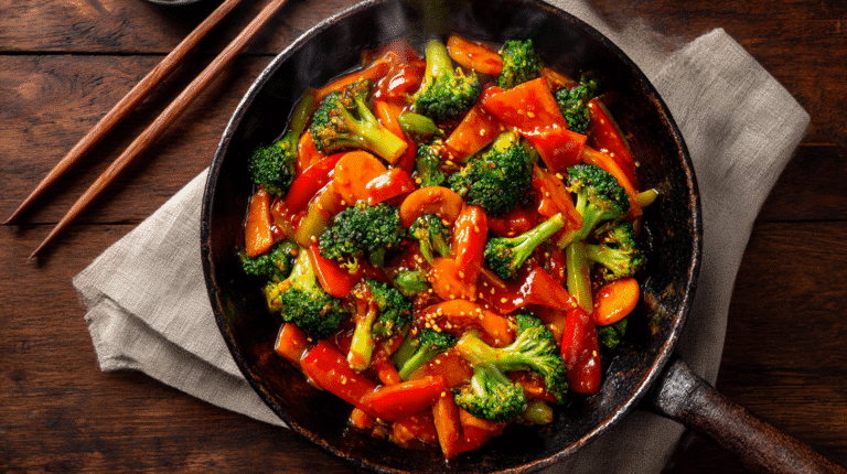 Spicy veggie stir-fry with firecracker sauce in a black skillet