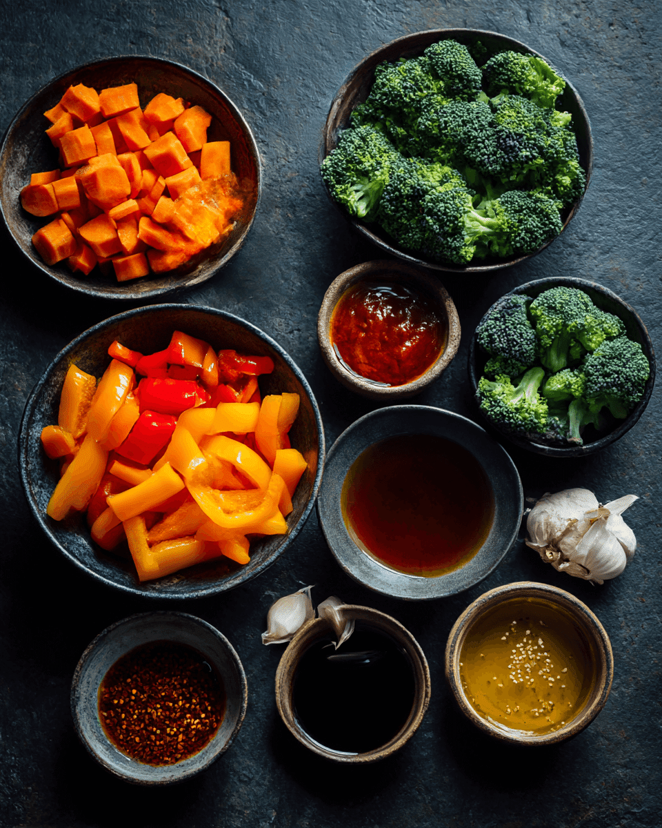 Fresh ingredients for spicy veggie stir-fry with firecracker sauce