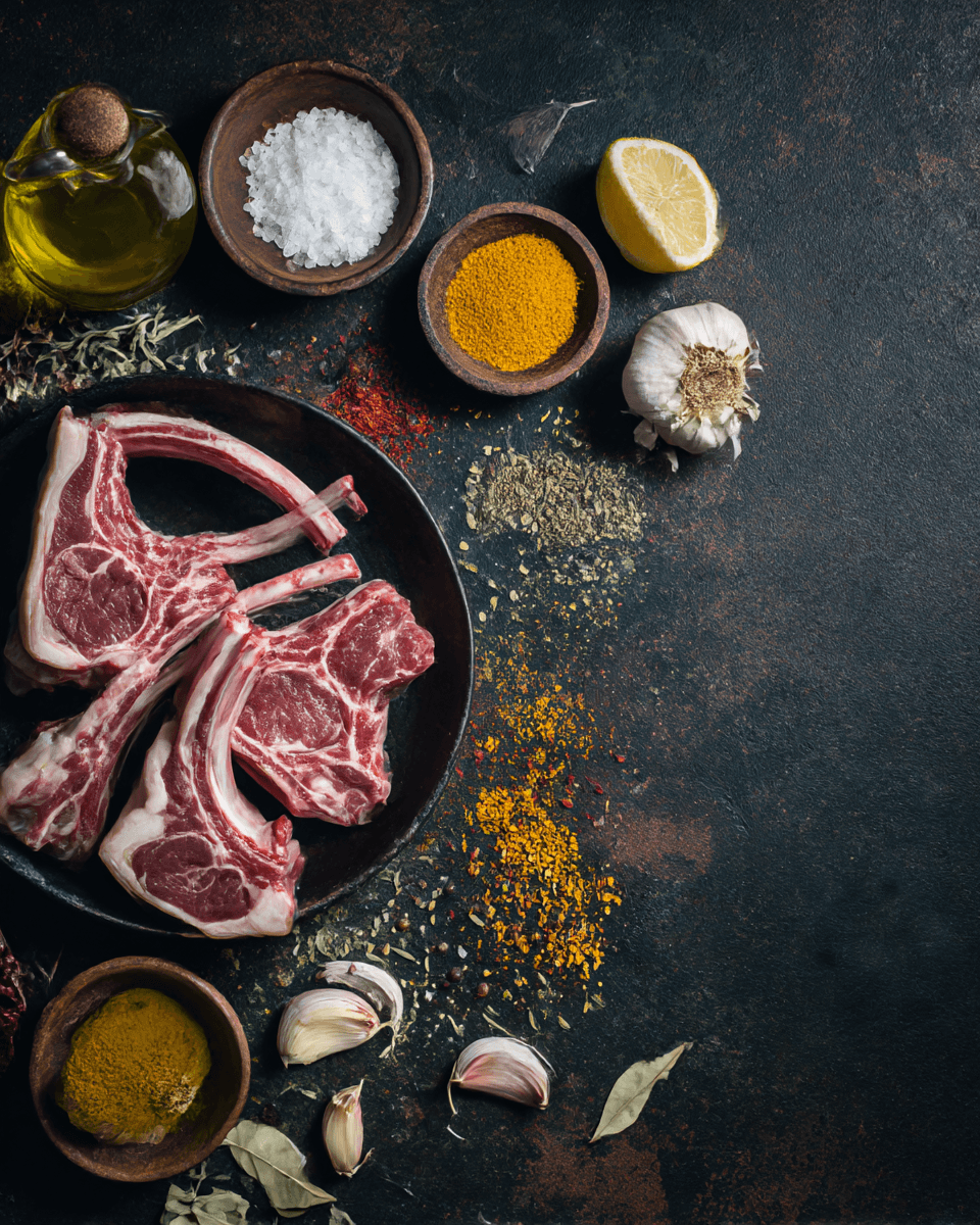 mutton-chop-ingredients.jpg Raw mutton chops with spices ready for marination