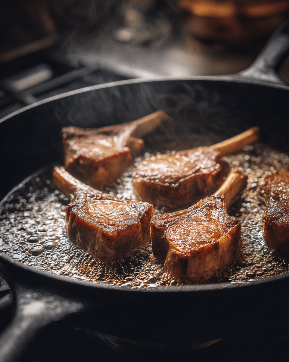 mutton-chop-cooking-pan. Mutton chops cooking in a cast iron pan