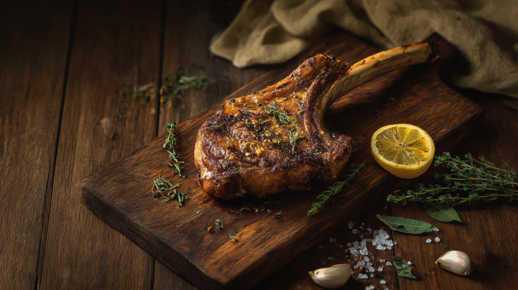Grilled mutton chop on cutting board