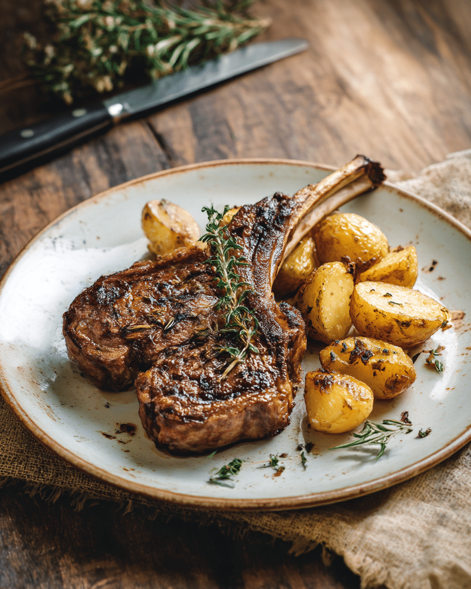 mutton-chop-served. Plated mutton chop with roasted potatoes