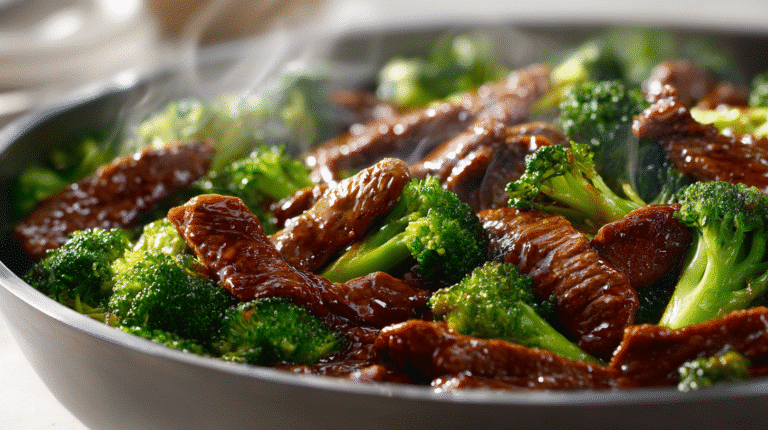 Better-Than-Takeout Beef and Broccoli in a skillet, close-up shot with tender beef, bright broccoli, and glossy