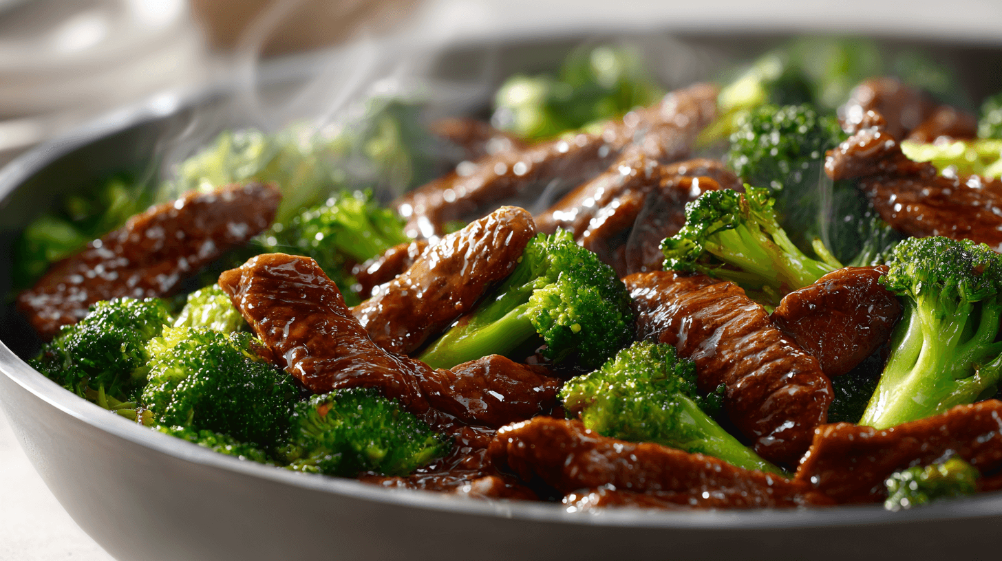 Better-Than-Takeout Beef and Broccoli Skillet – Close-Up Food Photo Better-Than-Takeout Beef and Broccoli in a skillet, close-up shot with tender beef, bright broccoli, and glossy