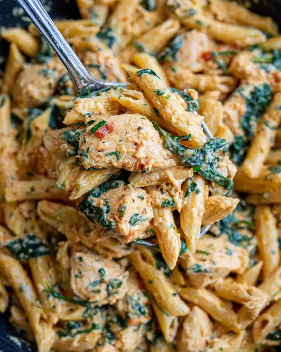 Close-up of creamy comfort chicken pasta with chicken and spinach on a spoon.