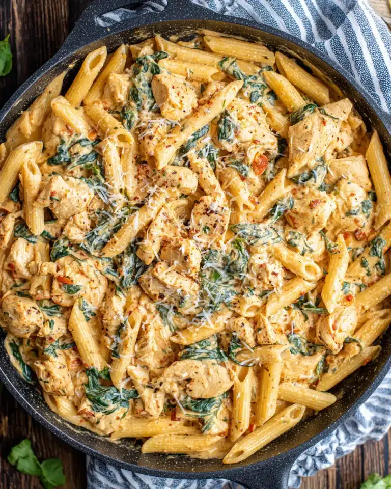 Comfort chicken pasta in a skillet with creamy garlic sauce and penne.