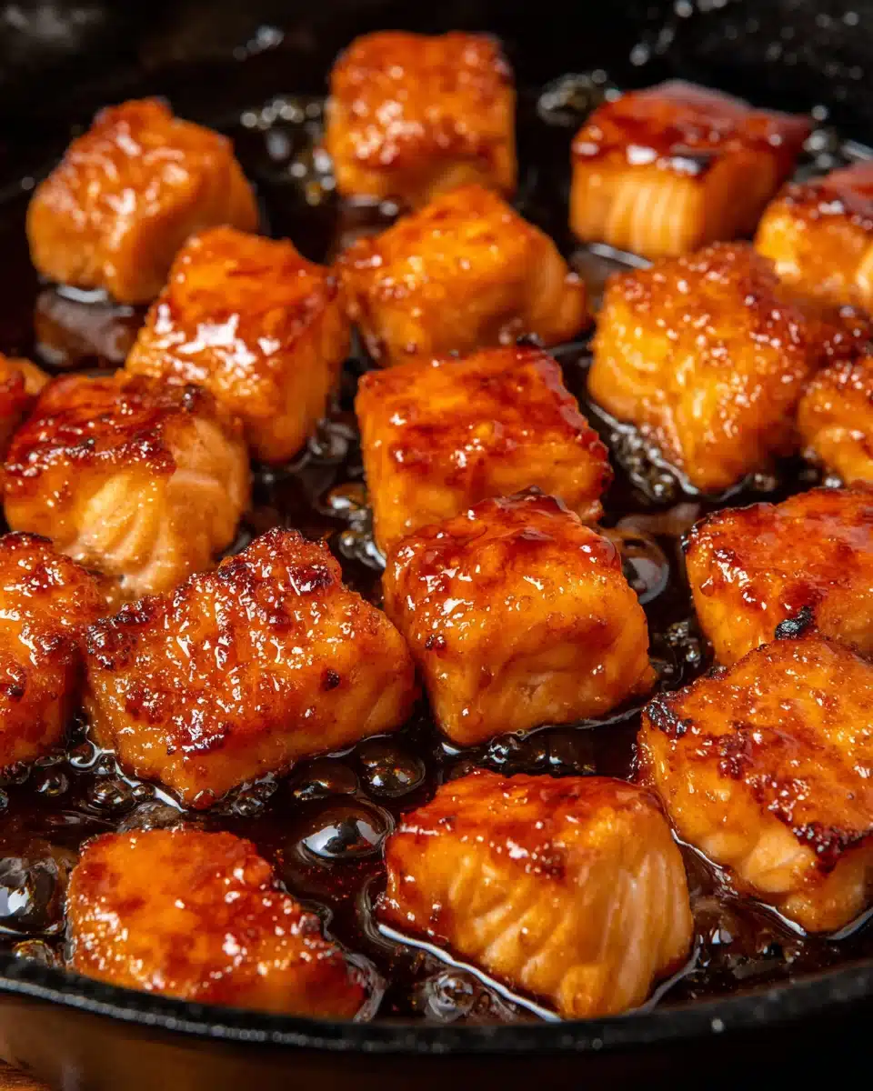 Salmon Bites Searing in Skillet with Honey Garlic Glaze Honey garlic salmon bites cooking in a skillet with sticky glaze.