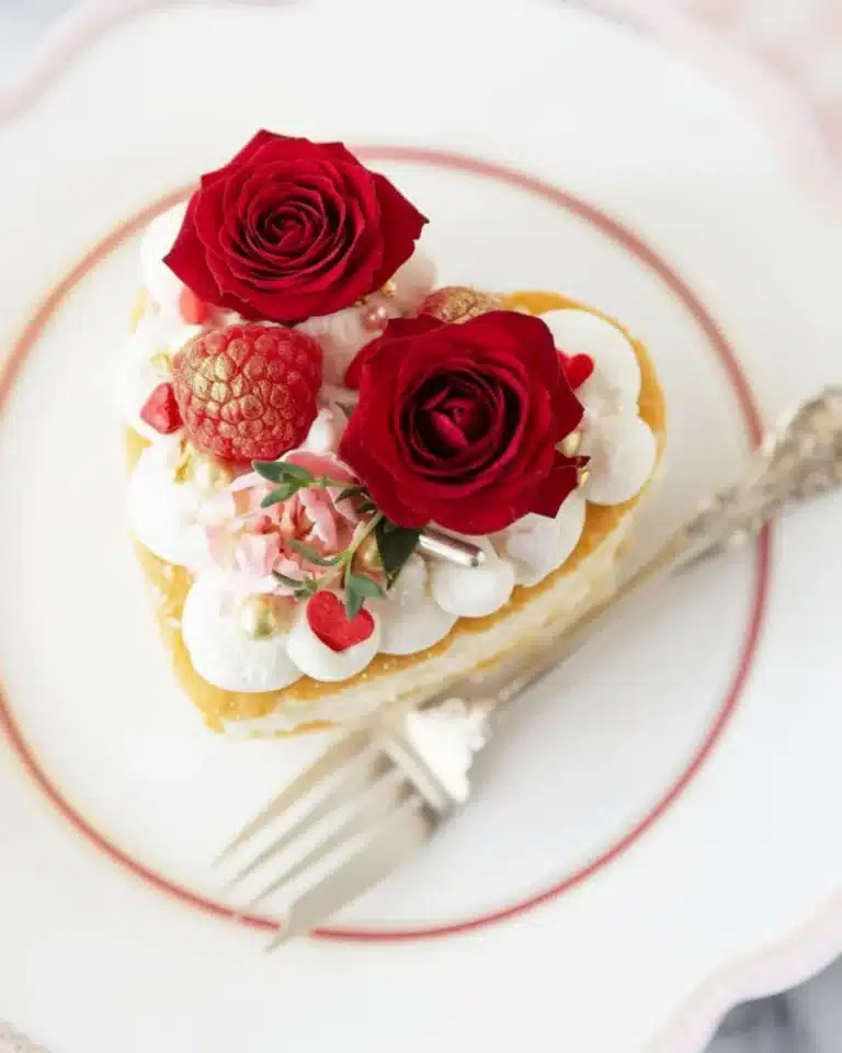 Heart-shaped minimal Valentine cake topped with red roses, raspberries, and gold sprinkles on a white plate