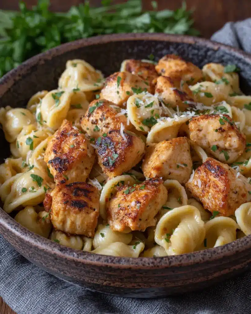 Close-up of chicken with buttered noodles in a rustic bowl.