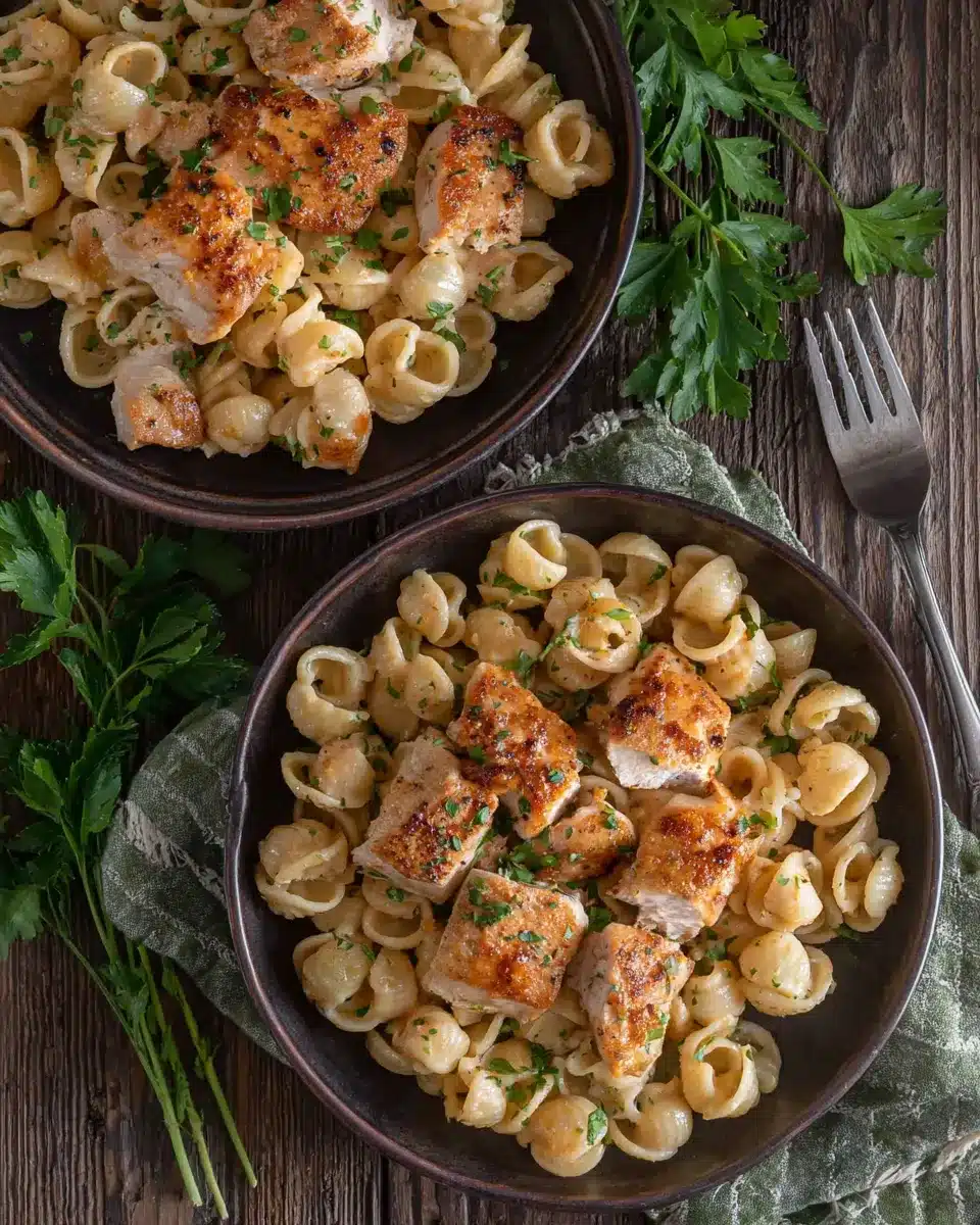 Overhead Chicken with Buttered Noodles Overhead view of two bowls of chicken with buttered noodles.