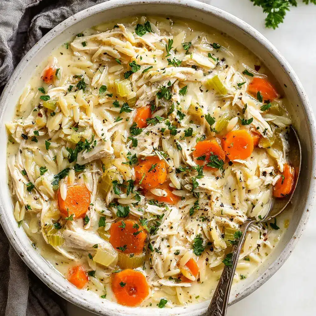Creamy chicken orzo with carrots, celery, and fresh herbs in a bowl