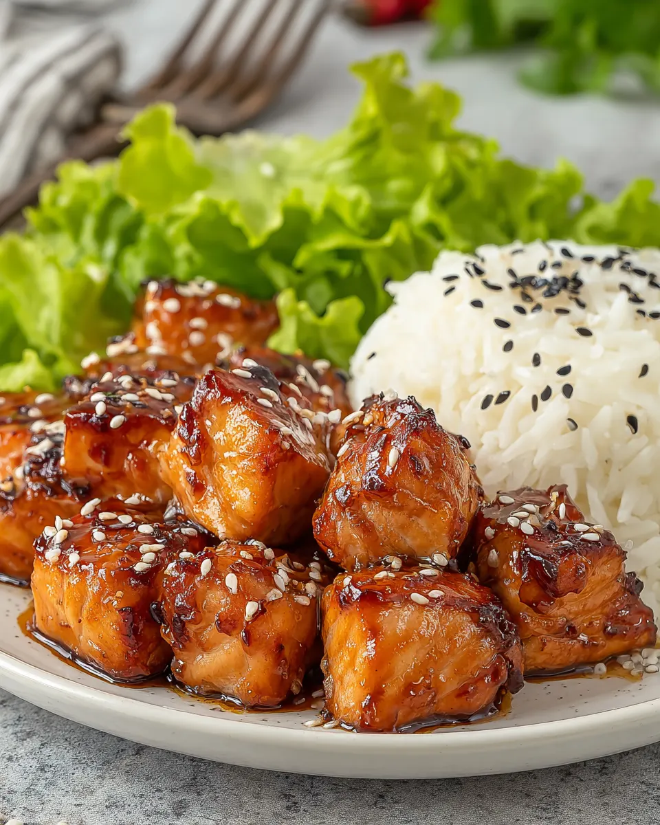 Close-Up of Honey Garlic Salmon Bites – Crispy and Glazed Close-up of caramelized honey garlic salmon cubes topped with sesame seeds.
