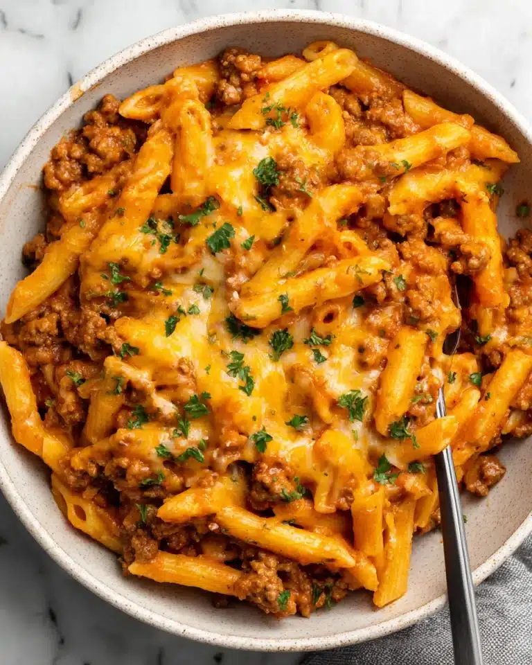 Overhead view of a bowl filled with ground beef casserole and melted cheddar cheese.