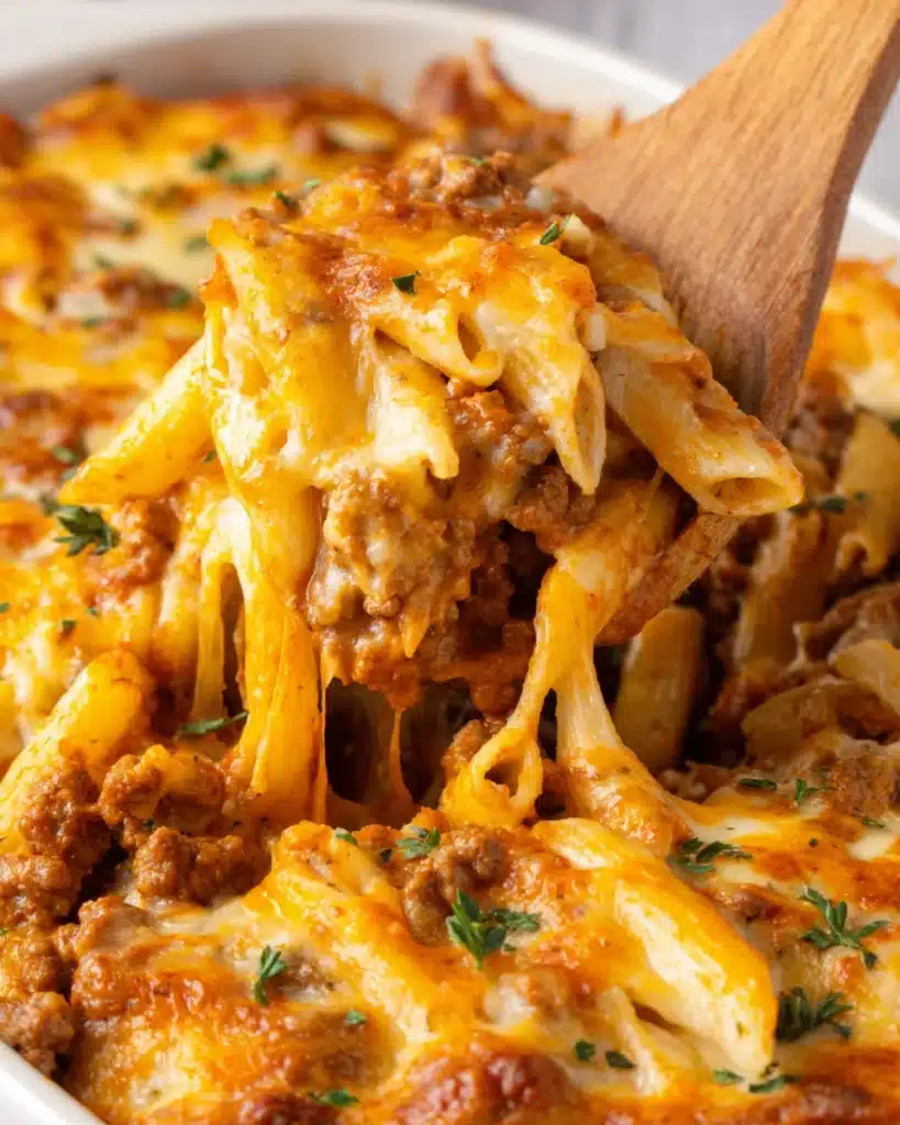 Close-up of penne pasta casserole with ground beef and melted cheddar cheese lifted by a wooden spoon.