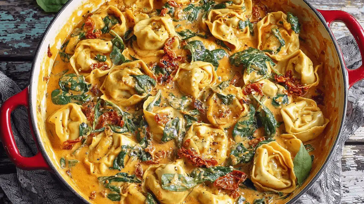 Creamy one-pot Marry Me Tortellini in a red skillet One-pot Marry Me Tortellini in a red skillet with creamy tomato sauce, spinach, and sundried tomatoes.
