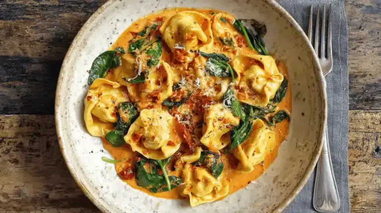 One-pot Marry Me Tortellini in a red skillet with creamy tomato sauce, spinach, and sundried tomatoes.