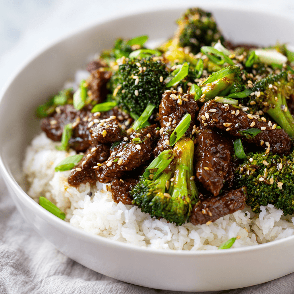 Classic Beef and Broccoli Bowl Over Rice Classic beef and broccoli served over white rice with sesame seeds and green onions.