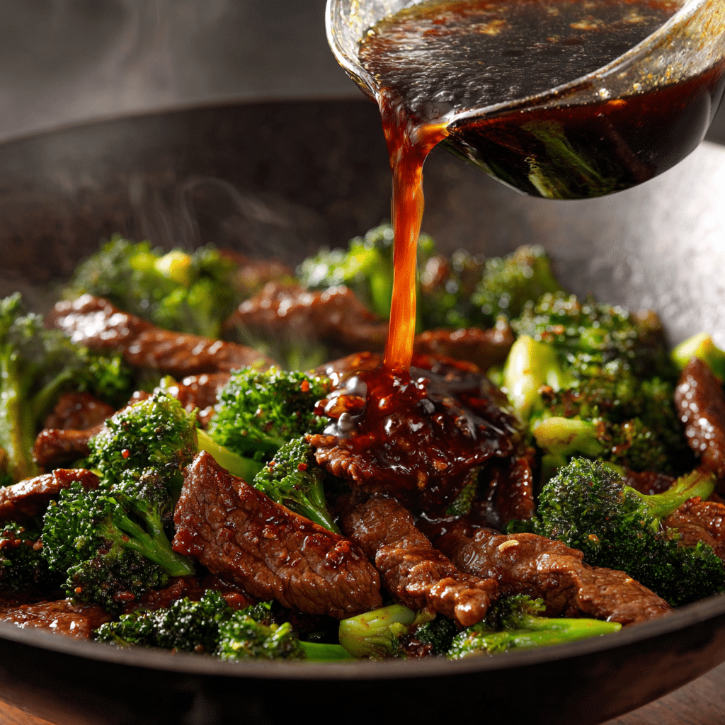 Homemade Stir Fry Sauce on Classic Beef and Broccoli Pouring rich homemade sauce over classic beef and broccoli in a hot wok.