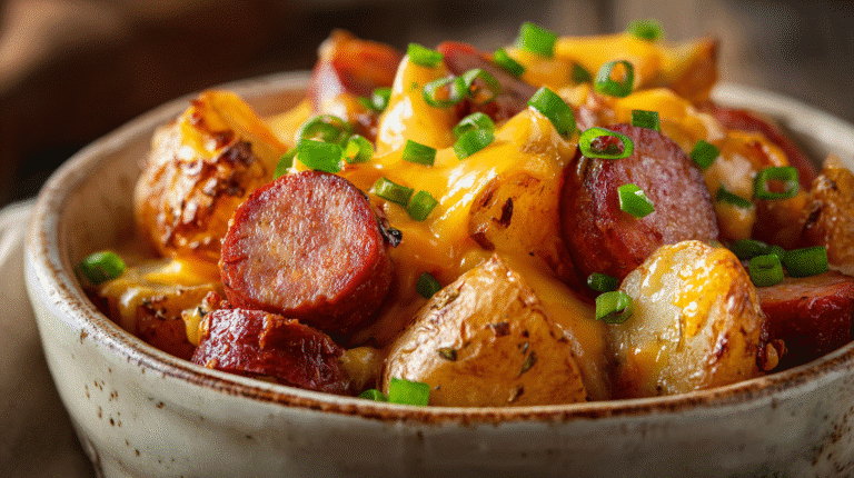 Cheesy Ranch Potatoes With Smoked Sausage served in a bowl with melted cheddar and green onions.