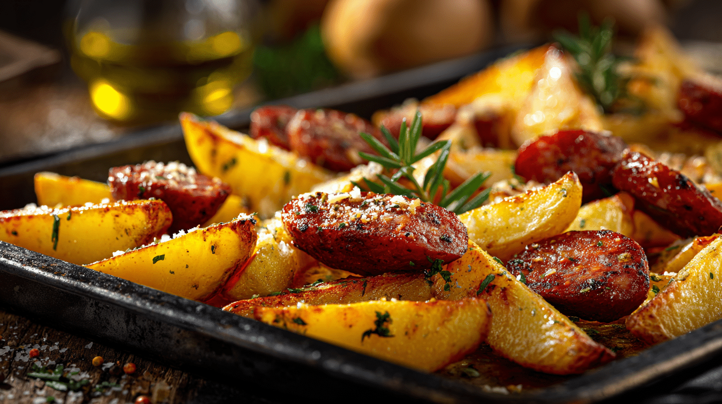 Roasted potatoes and smoked beef sausage on a baking tray with melted cheese.