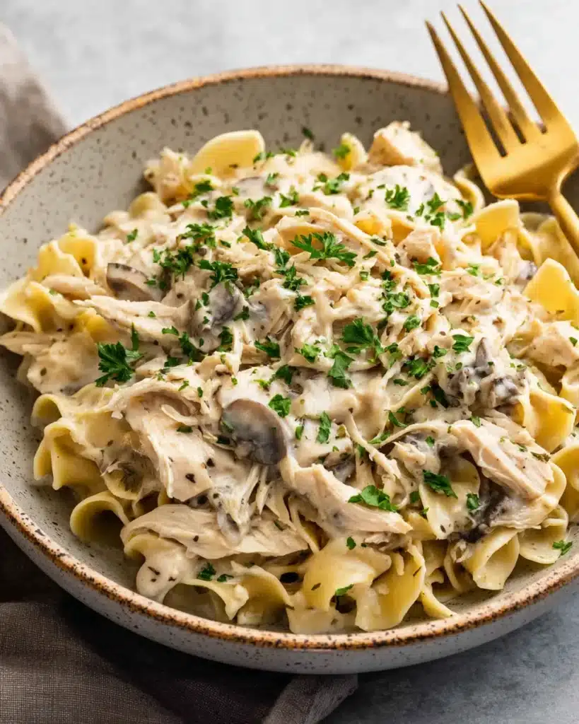 Creamy savory chicken and noodles served in a bowl with a gold fork and parsley garnish.