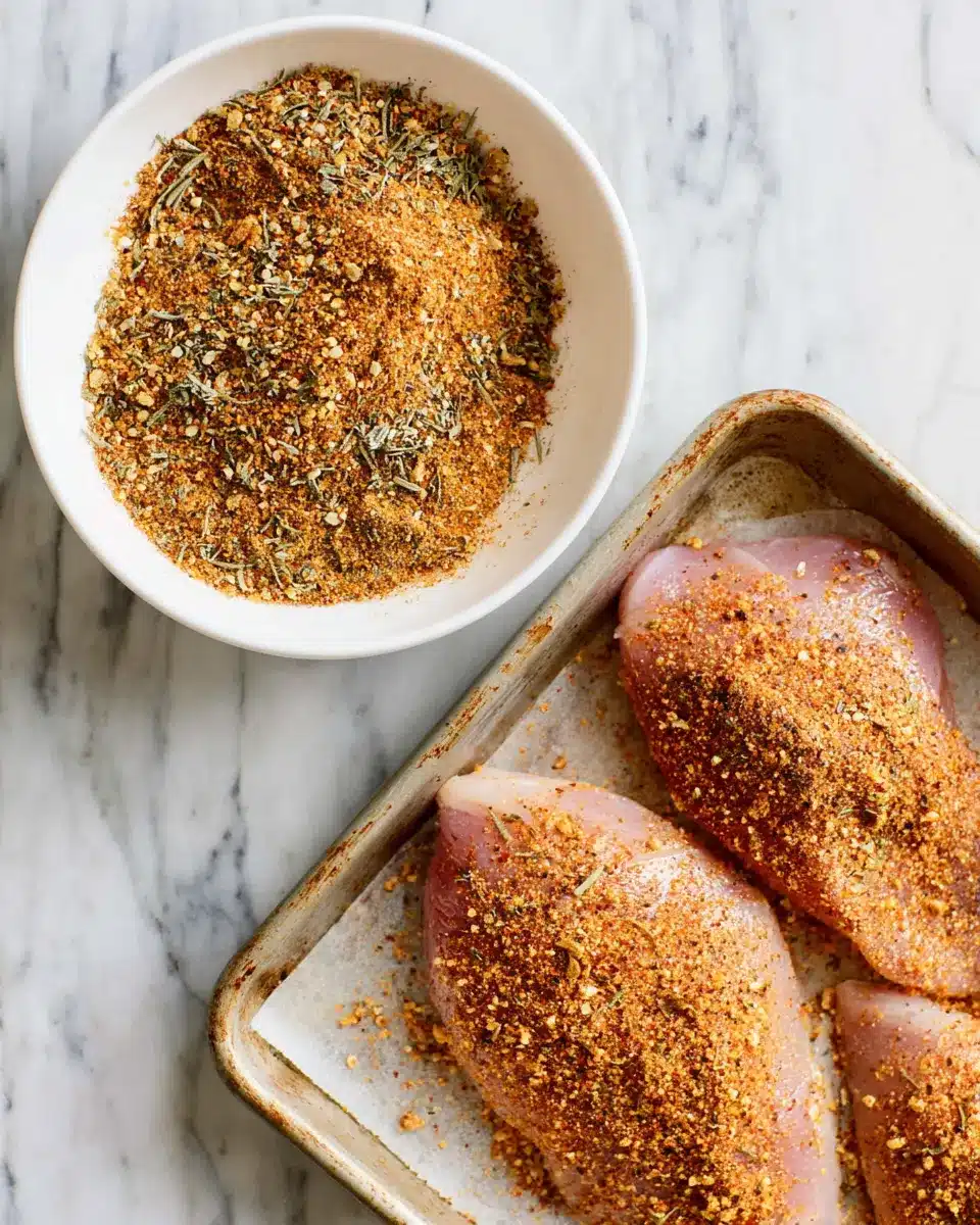 Bowl of homemade spice mix beside raw chicken breasts rubbed with seasoning on a baking tray.
