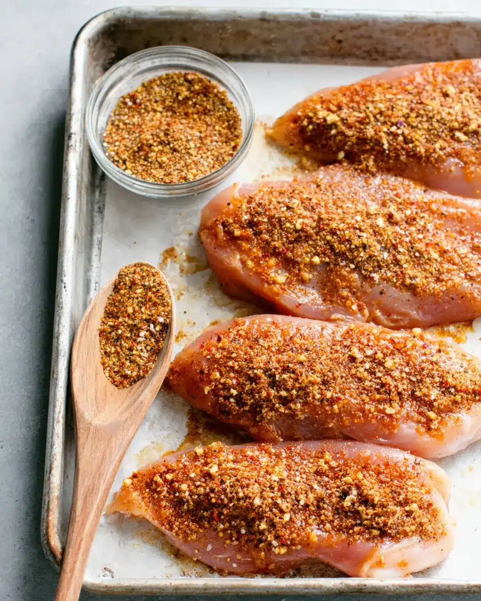 Mixing chicken seasoning in a glass bowl and rubbing it over raw chicken breasts on foil-lined tray.”