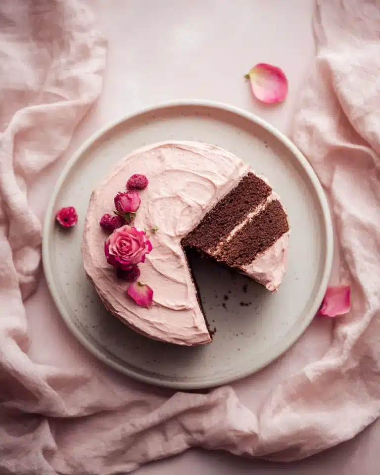 Overhead view of burgundy Valentine cake with creamy vanilla frosting on a white plate with rose petals