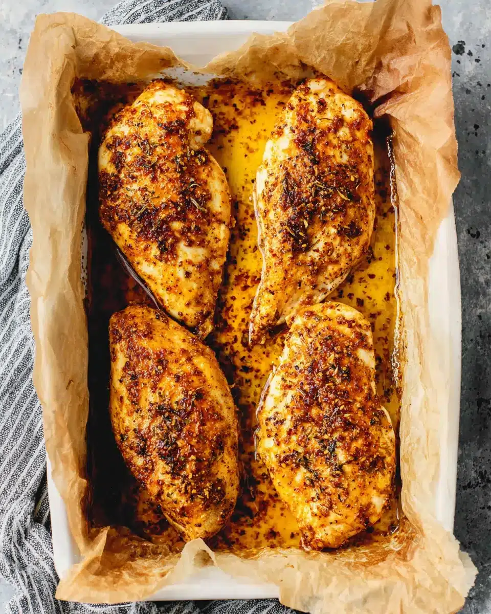 Juicy oven baked chicken breast on parchment paper, golden crust with herbs and seasoning.
