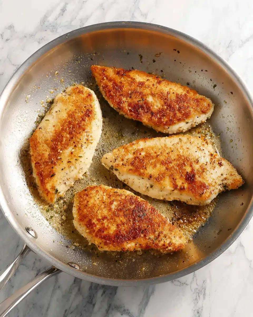 Chicken breasts searing in a stainless steel skillet until golden brown.