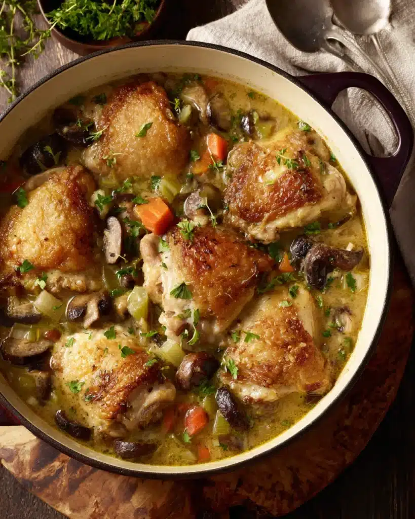 “Homemade chicken casserole in a cream Dutch oven with carrots, mushrooms, and thyme.
