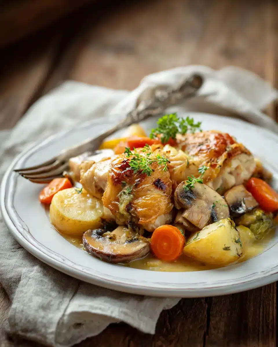 Creamy chicken casserole with tender chicken, potatoes, carrots, and herbs served on a white plate