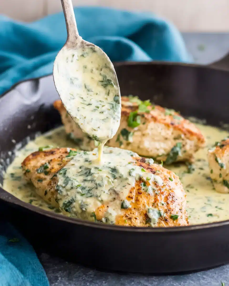 Pouring Creamy Garlic Parmesan Sauce Over Chicken Spoon pouring creamy garlic parmesan sauce over golden chicken.