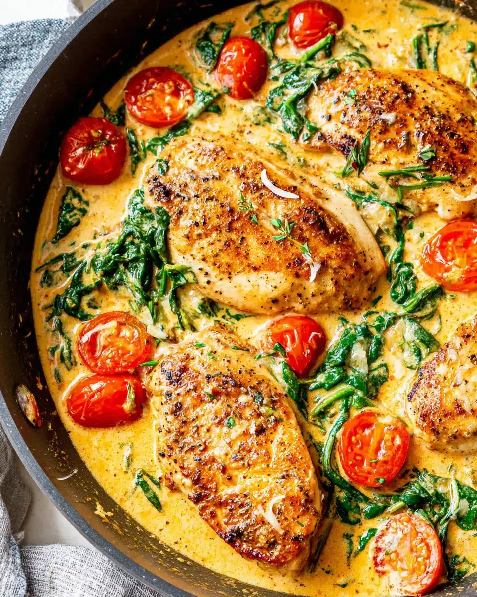 Close-Up of Creamy Tuscan Chicken – Garlic Parmesan Perfection Close-up of creamy Tuscan chicken in a skillet with garlic cream sauce, spinach, and tomatoes.