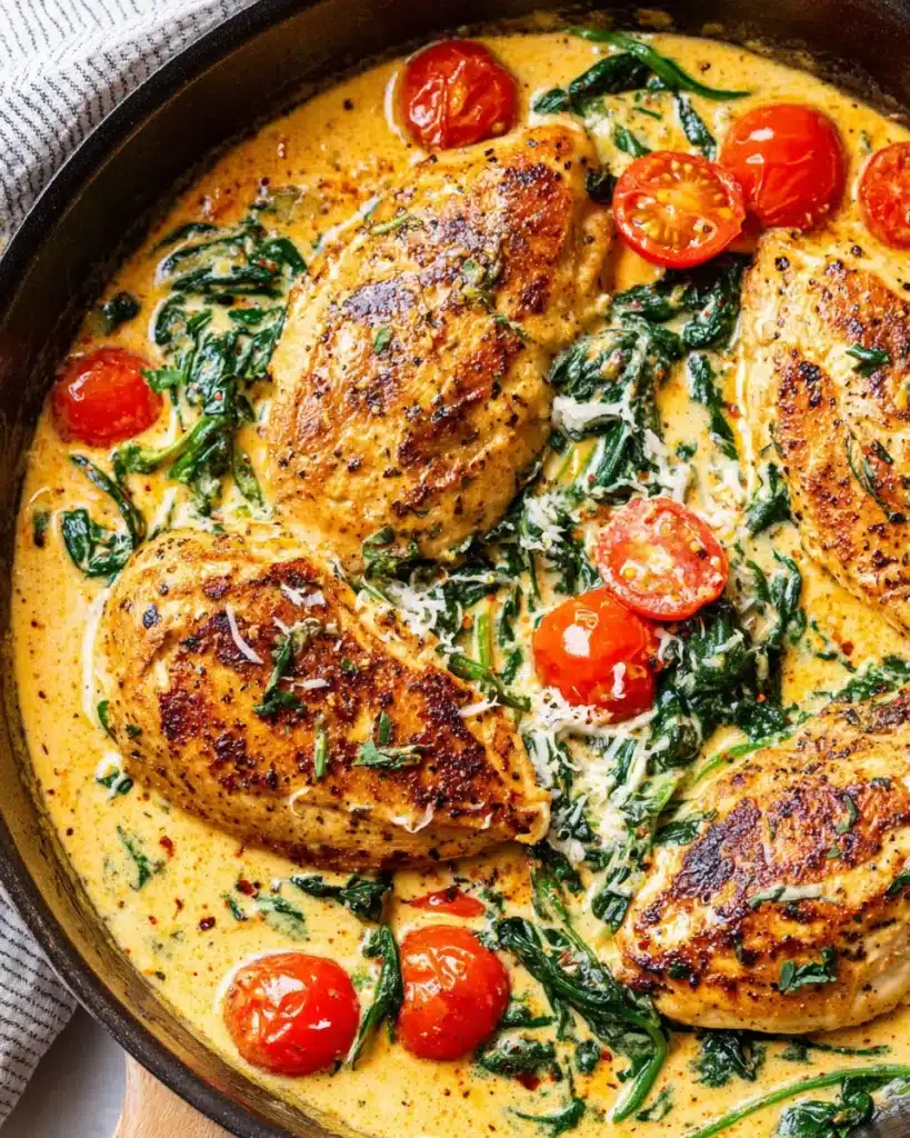 Creamy Tuscan chicken skillet with seared chicken breasts in garlic Parmesan sauce with spinach and tomatoes.