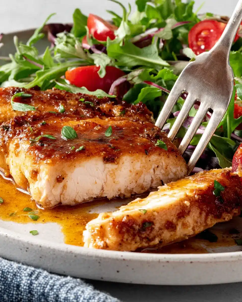 Fork cutting into a juicy piece of chicken with buttery sauce and side salad.