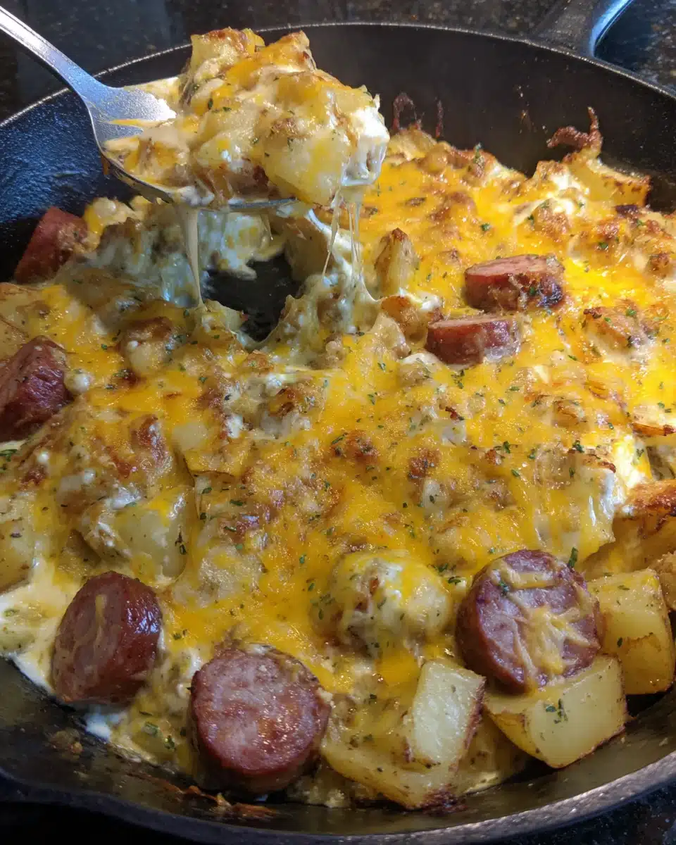 Cheesy Potatoes and Smoked Sausage Skillet – Gooey Melt Perfection Close-up of cheesy smoked sausage and potato skillet with melted cheddar cheese being lifted with a spoon.