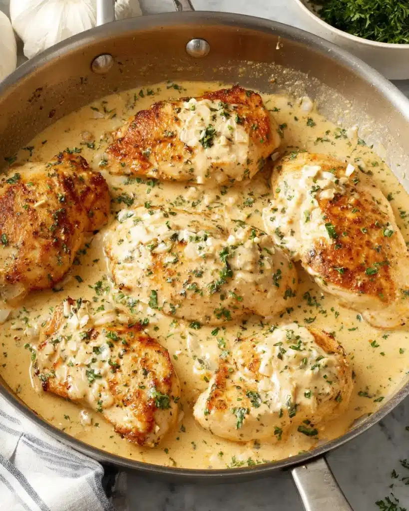 Creamy garlic chicken in a stainless steel skillet with creamy garlic sauce and parsley.