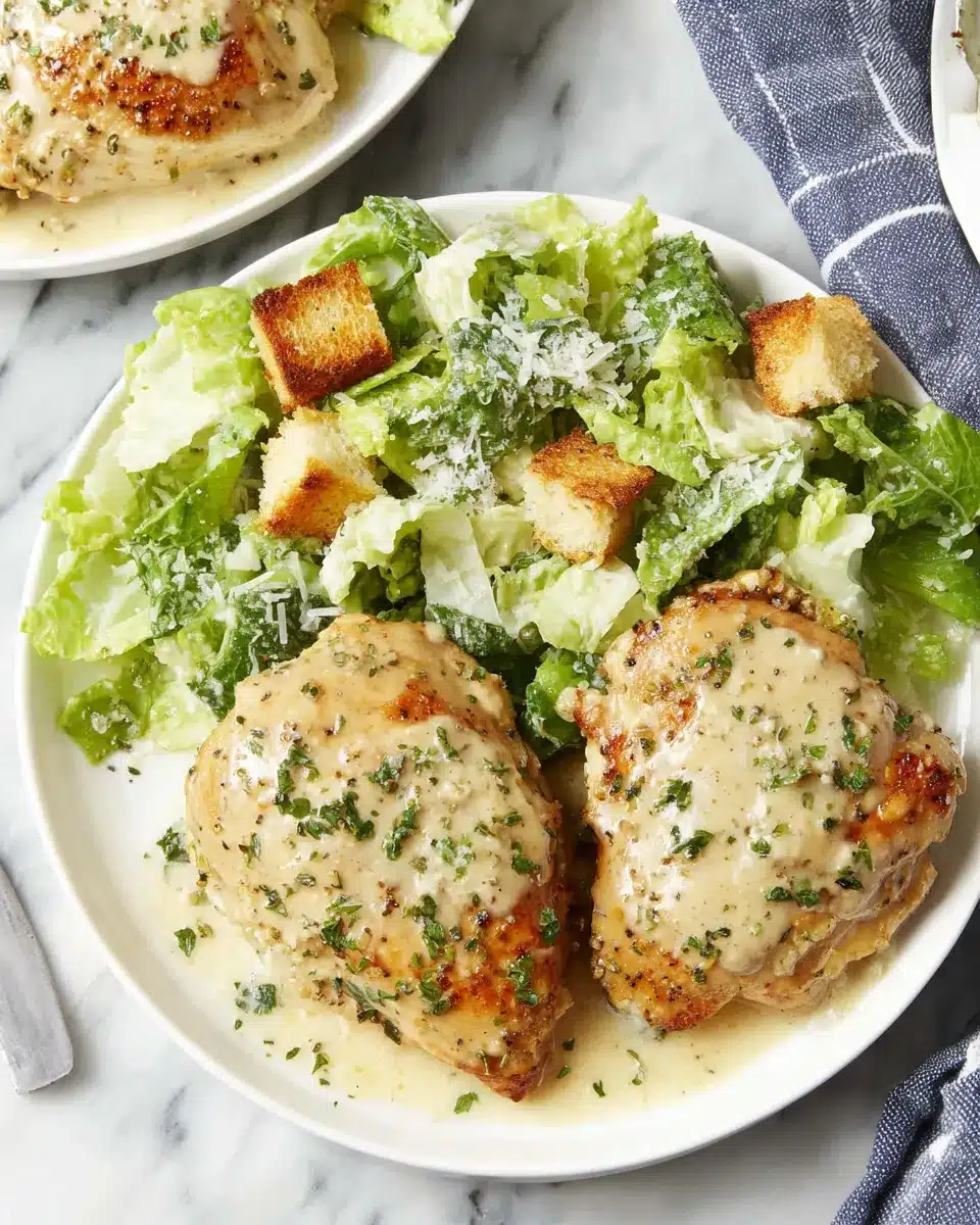 Creamy garlic chicken served with Caesar salad on a white plate.