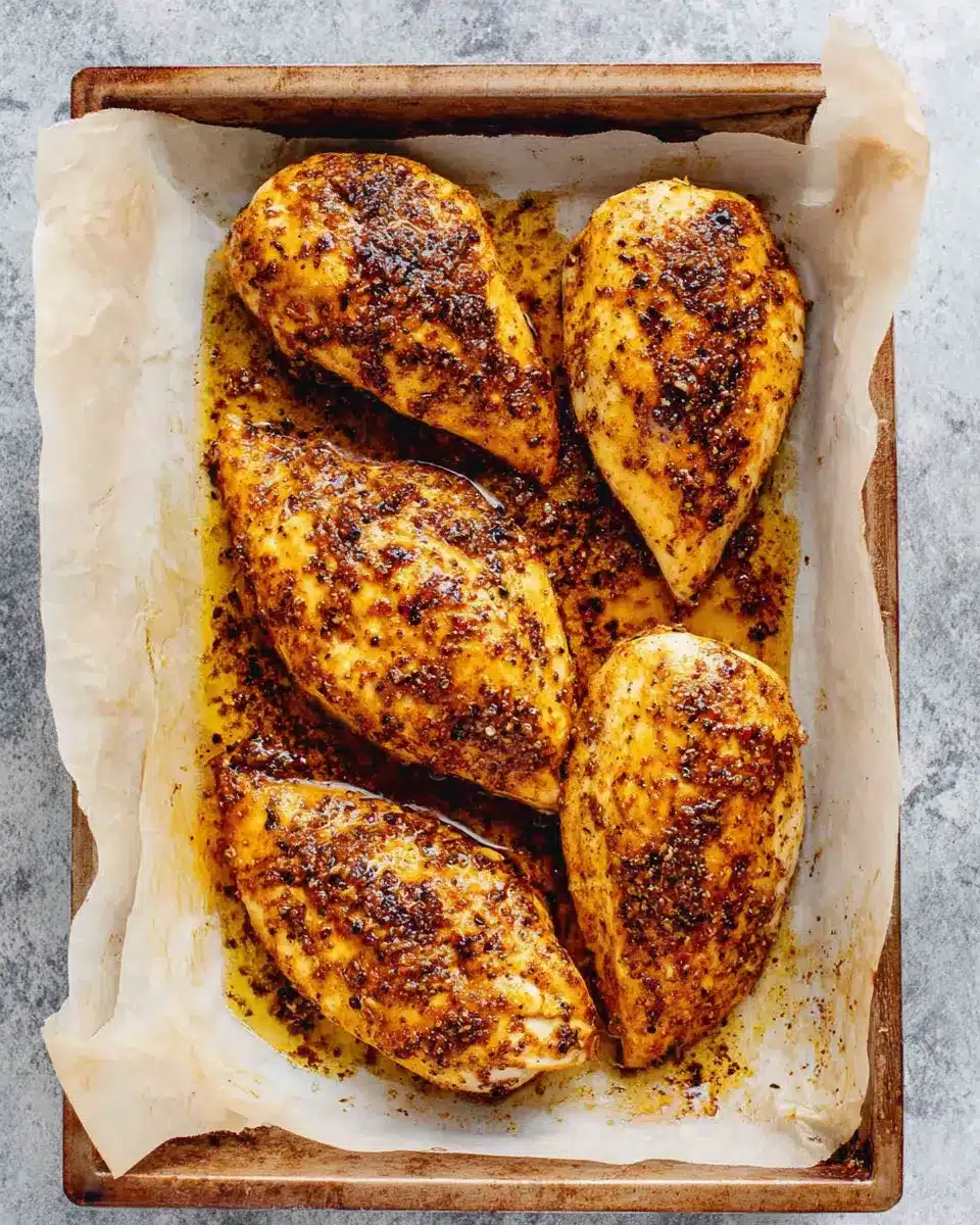 Fresh Out of the Oven — Perfect Baked Chicken Four golden brown baked chicken breasts fresh from the oven on a lined baking tray.