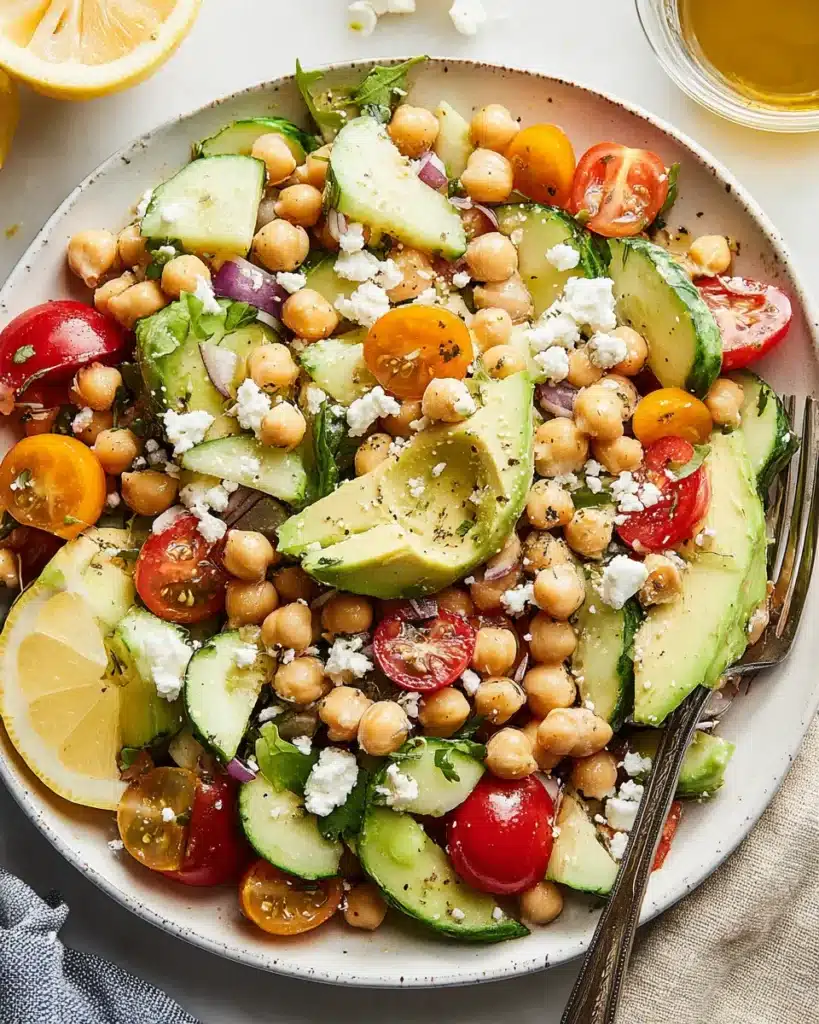 Vibrant bowl of fresh chickpea and avocado salad with cherry tomatoes, cucumbers, olives, and feta on a white plate.