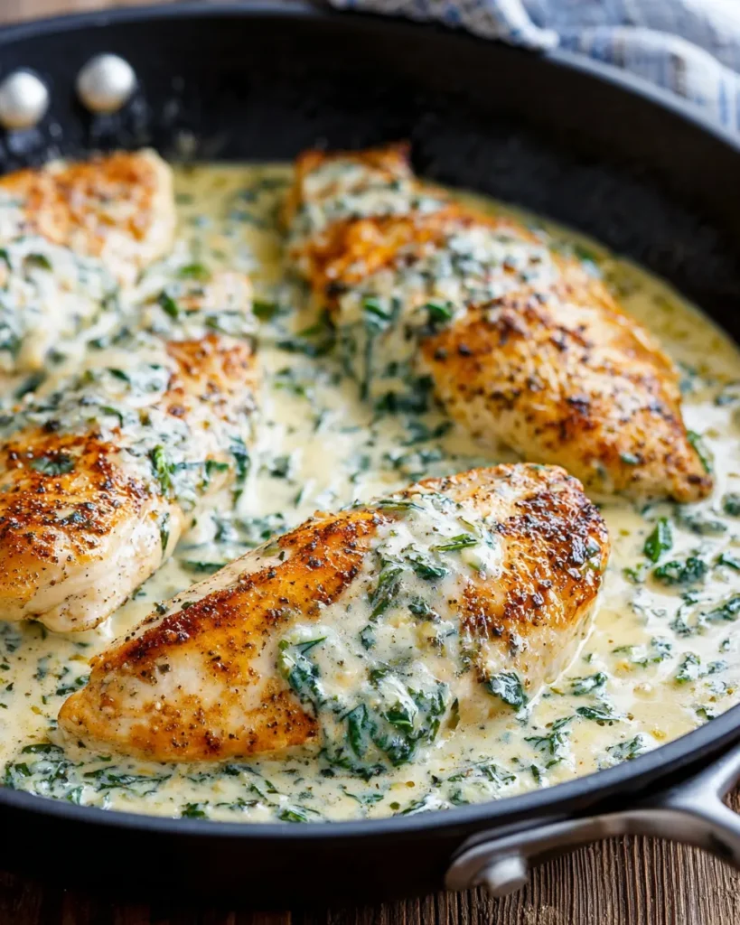 Golden chicken breasts in creamy garlic parmesan sauce in a black skillet.