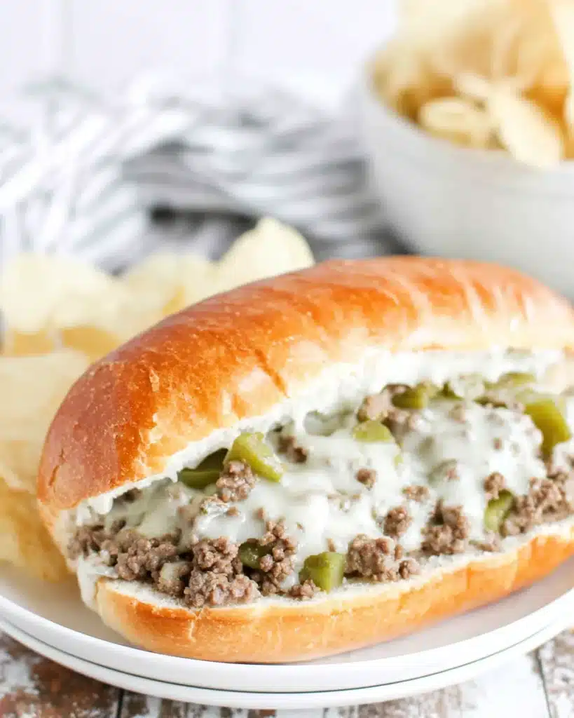 Ground beef cheesesteak sandwich filled with melted provolone, onions, and peppers on a toasted hoagie roll — an easy 20-minute weeknight dinner.